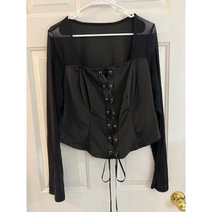 Black Corset Lace Up Top Sheer Mesh Long Sleeves Goth Edgy Y2K Dazy Plus 2XL